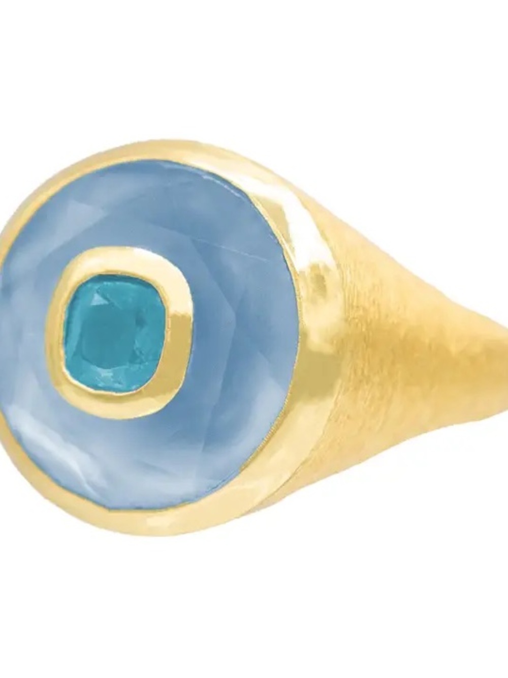 Gold Ring with Pale Blue Chalcedony and Teal Accent